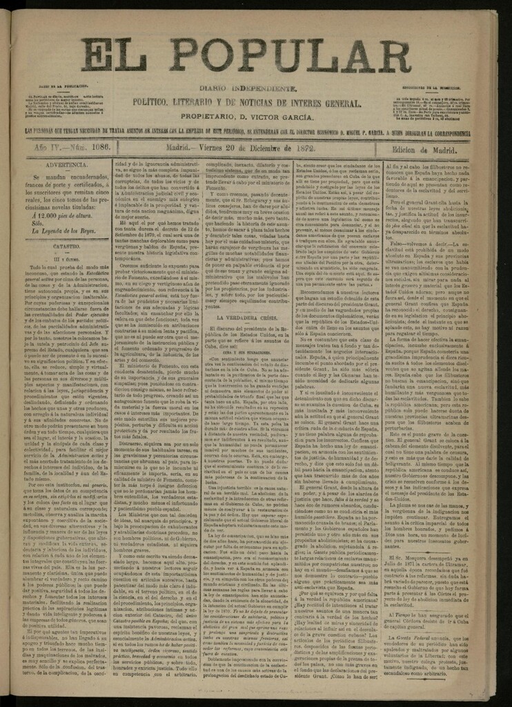Miniatura de El Popular: diario independiente, político, literario y de noticias de interés general del 20 de diciembre de 1872, nº 1086