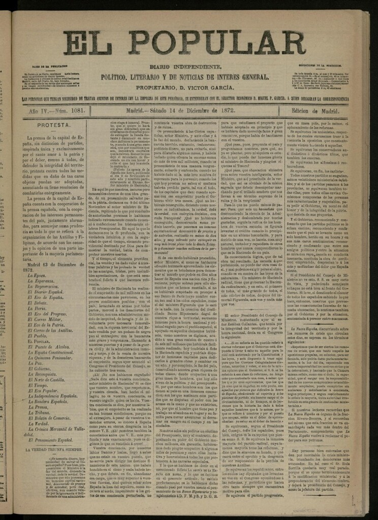 Miniatura de El Popular: diario independiente, político, literario y de noticias de interés general del 14 de diciembre de 1872, nº 1081