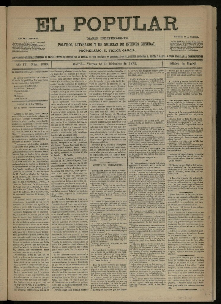 Miniatura de El Popular: diario independiente, político, literario y de noticias de interés general del 13 de diciembre de 1872, nº 1080