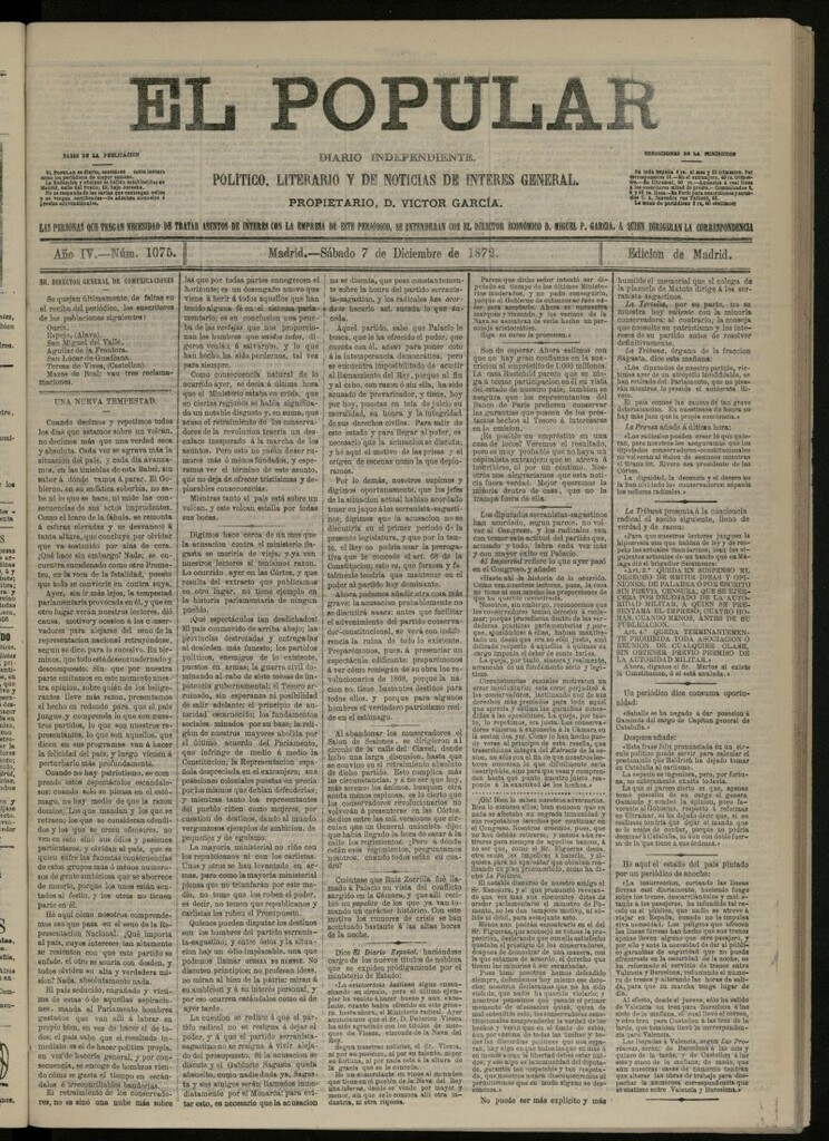 Miniatura de El Popular: diario independiente, político, literario y de noticias de interés general del 7 de diciembre de 1872, nº 1075