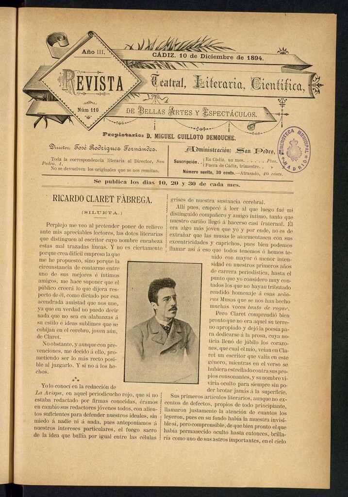 Miniatura de Revista Teatral, Literaria, Científica, de Bellas Artes y Espectáculos. Nº 110
