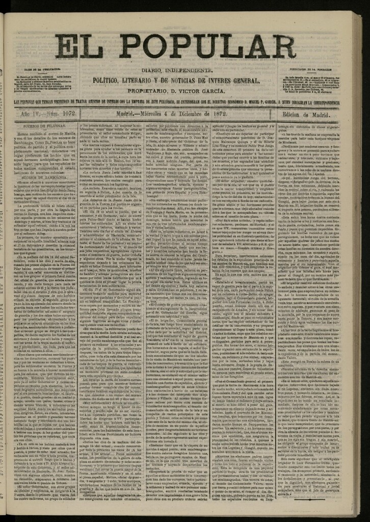 Miniatura de El Popular: diario independiente, político, literario y de noticias de interés general del 4 de diciembre de 1872, nº 1072