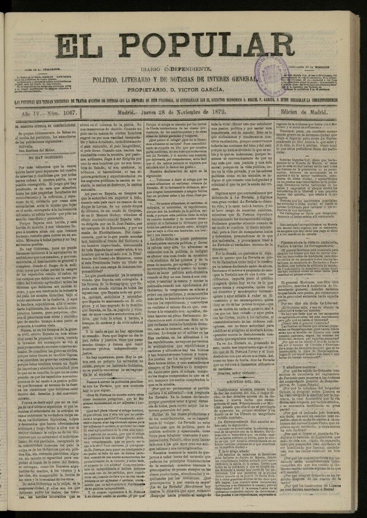 Miniatura de El Popular: diario independiente, político, literario y de noticias de interés general del 28 de noviembre de 1872, nº 1067