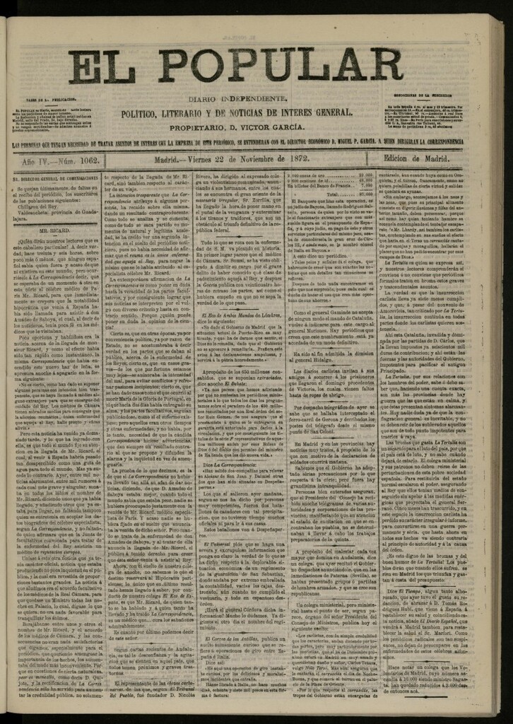 Miniatura de El Popular: diario independiente, político, literario y de noticias de interés general del 22 de noviembre de 1872, nº 1062