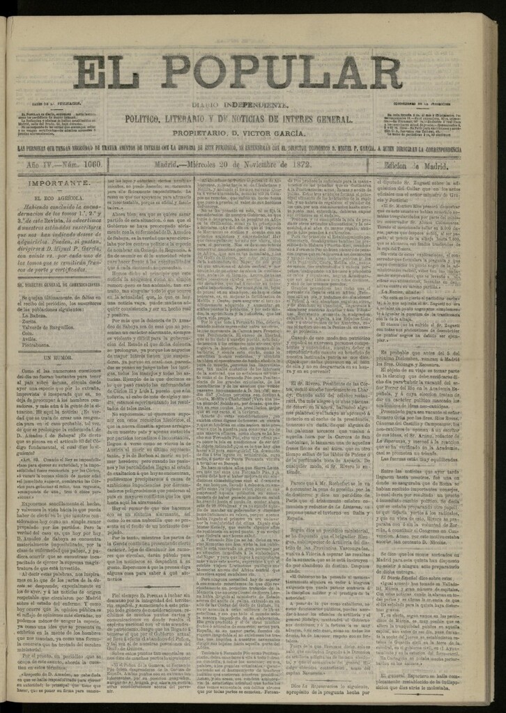 Miniatura de El Popular: diario independiente, político, literario y de noticias de interés general del 20 de noviembre de 1872, nº 1060