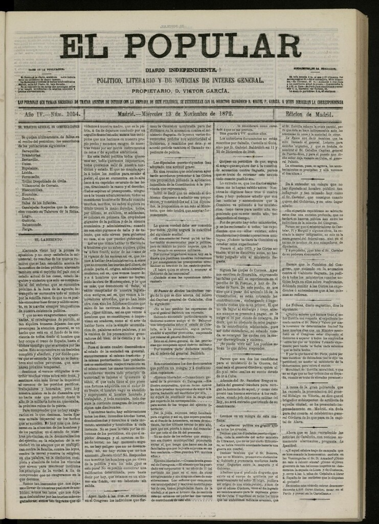 Miniatura de El Popular: diario independiente, político, literario y de noticias de interés general del 13 de noviembre de 1872, nº 1054