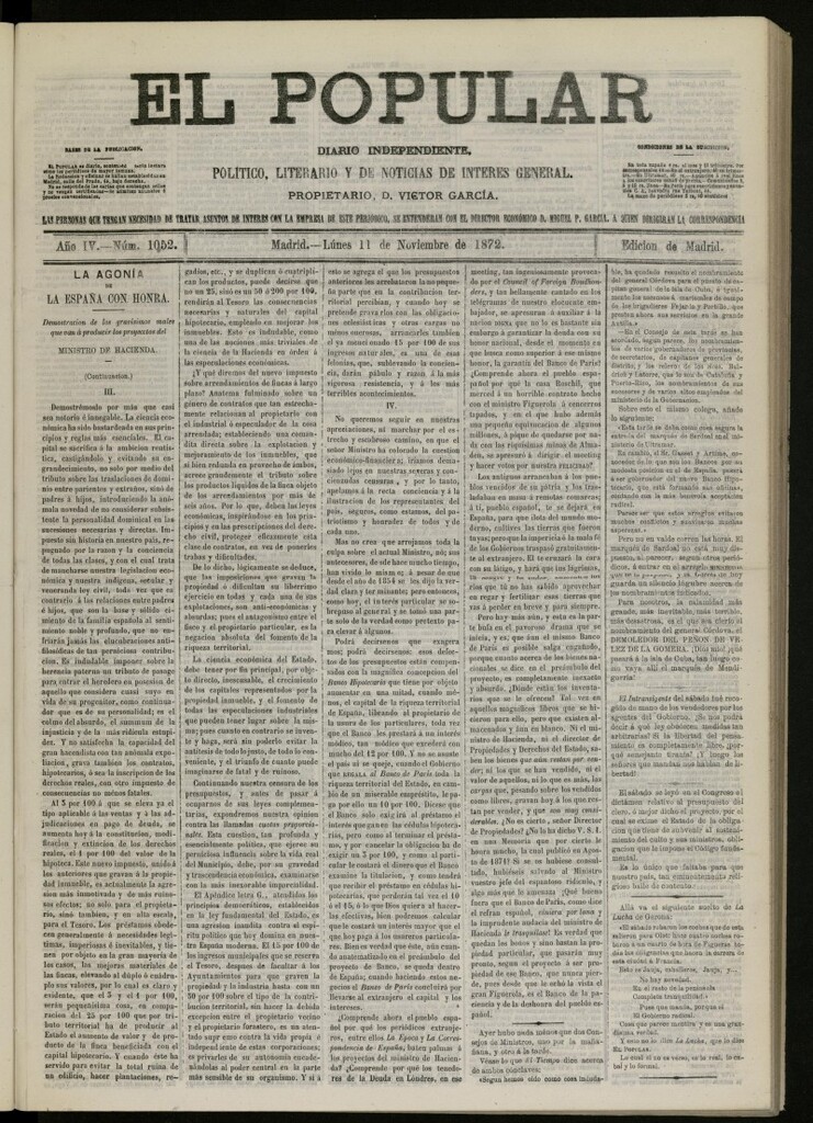 Miniatura de El Popular: diario independiente, político, literario y de noticias de interés general del 11 de noviembre de 1872, nº 1052