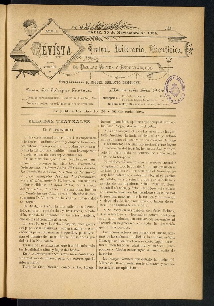 Miniatura de Revista Teatral, Literaria, Científica, de Bellas Artes y Espectáculos. Nº 109