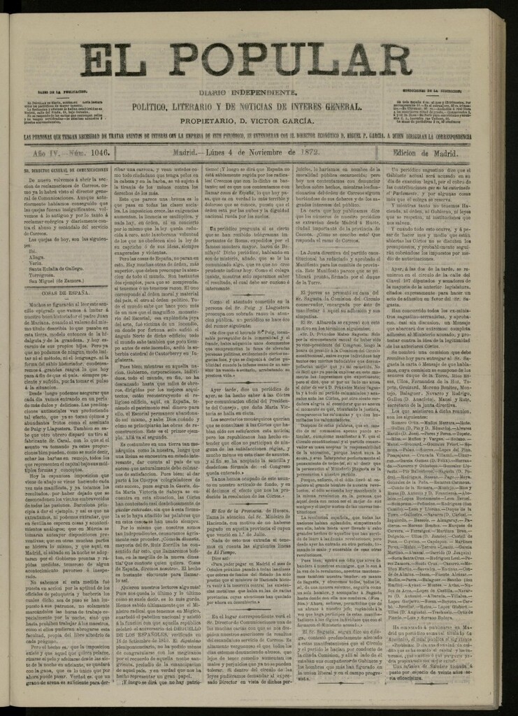 Miniatura de El Popular: diario independiente, político, literario y de noticias de interés general del 4 de noviembre de 1872, nº 1046