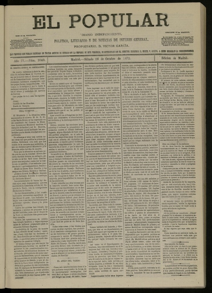 Miniatura de El Popular: diario independiente, político, literario y de noticias de interés general del 26 de octubre de 1872, nº 1040