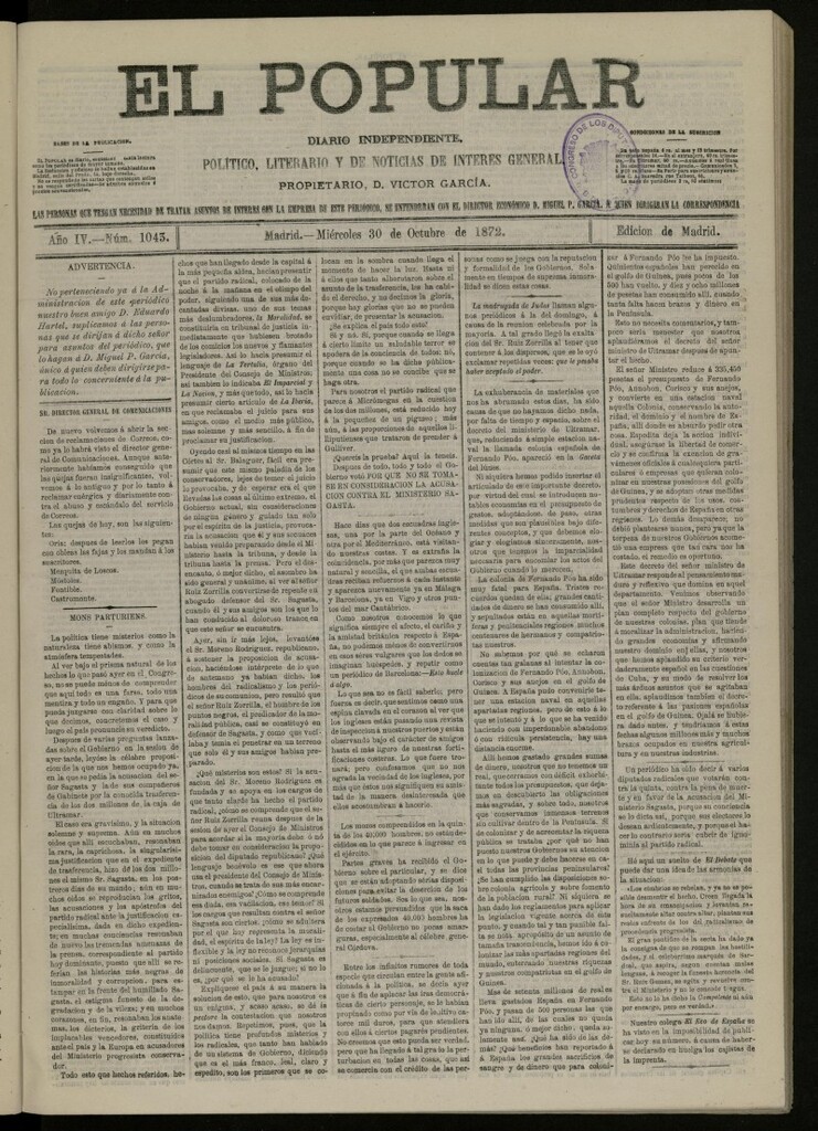 Miniatura de El Popular: diario independiente, político, literario y de noticias de interés general del 30 de octubre de 1872, nº 1043