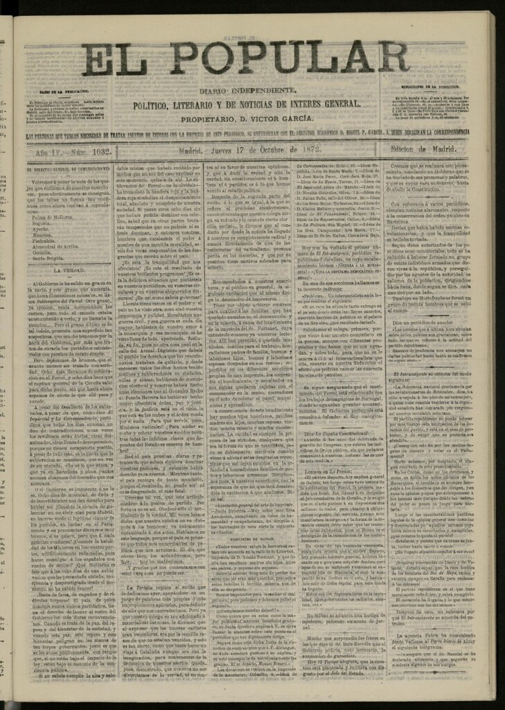 Miniatura de El Popular: diario independiente, político, literario y de noticias de interés general del 17 de octubre de 1872, nº 1032