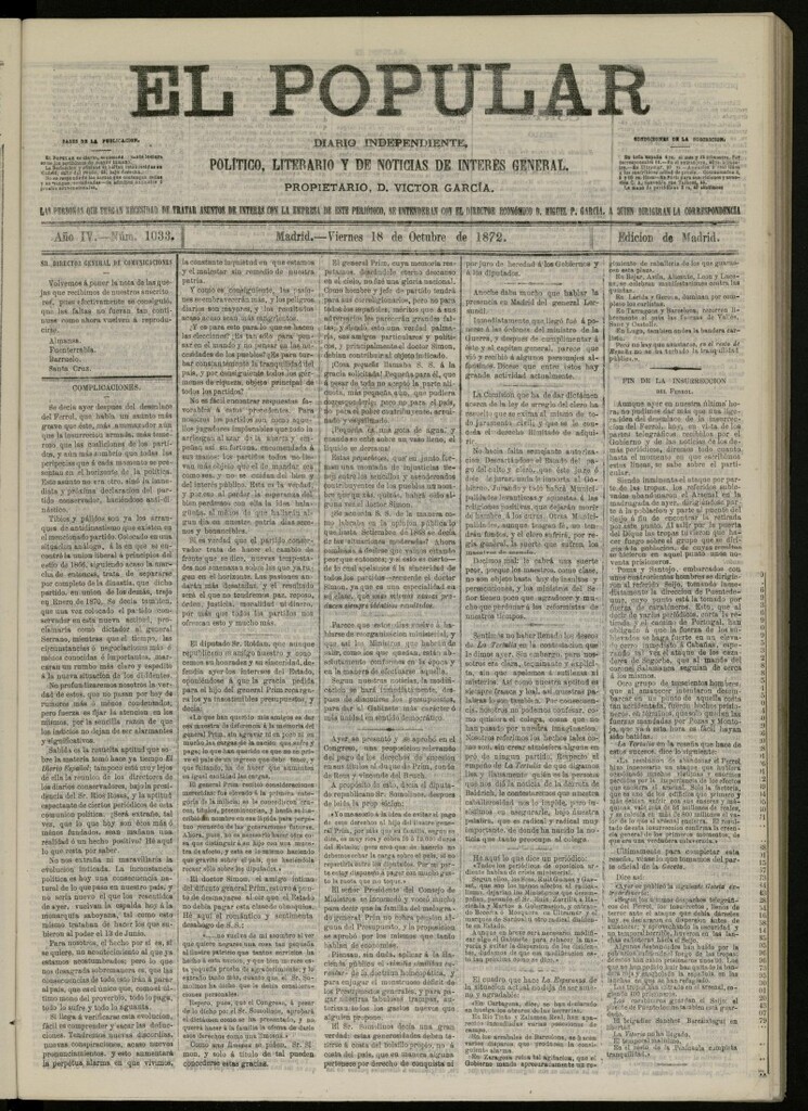 Miniatura de El Popular: diario independiente, político, literario y de noticias de interés general del 18 de octubre de 1872, nº 1033