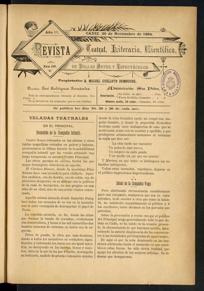 Miniatura de Revista Teatral, Literaria, Científica, de Bellas Artes y Espectáculos. Nº 108