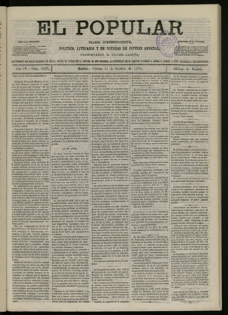 Miniatura de El Popular: diario independiente, político, literario y de noticias de interés general del 11 de octubre de 1872, nº 1027
