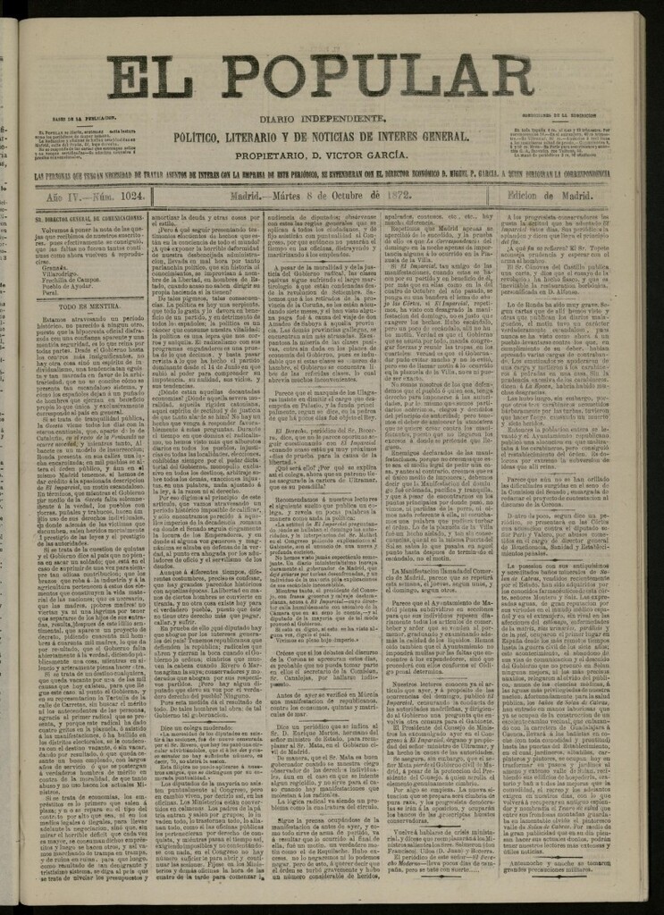 Miniatura de El Popular: diario independiente, político, literario y de noticias de interés general del 8 de octubre de 1872, nº 1024