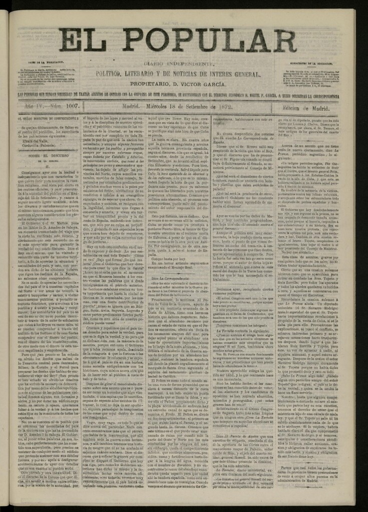 Miniatura de El Popular: diario independiente, político, literario y de noticias de interés general del 18 de septiembre de 1872, nº 1007