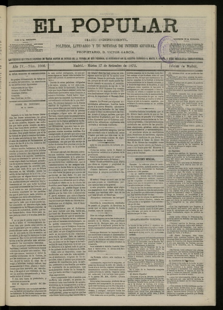 Miniatura de El Popular: diario independiente, político, literario y de noticias de interés general del 17 de septiembre de 1872, nº 1006