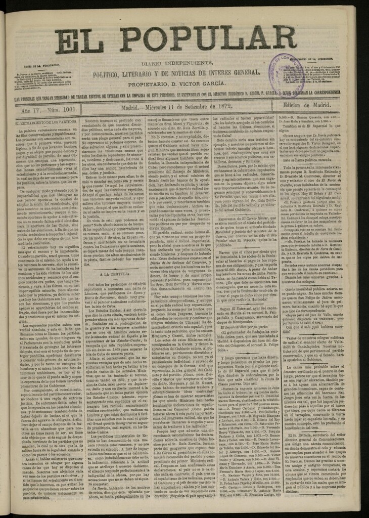 Miniatura de El Popular: diario independiente, político, literario y de noticias de interés general del 11 de septiembre de 1872, nº 1001