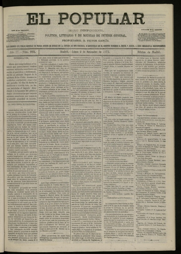 Miniatura de El Popular: diario independiente, político, literario y de noticias de interés general del 2 de septiembre de 1872, nº 993