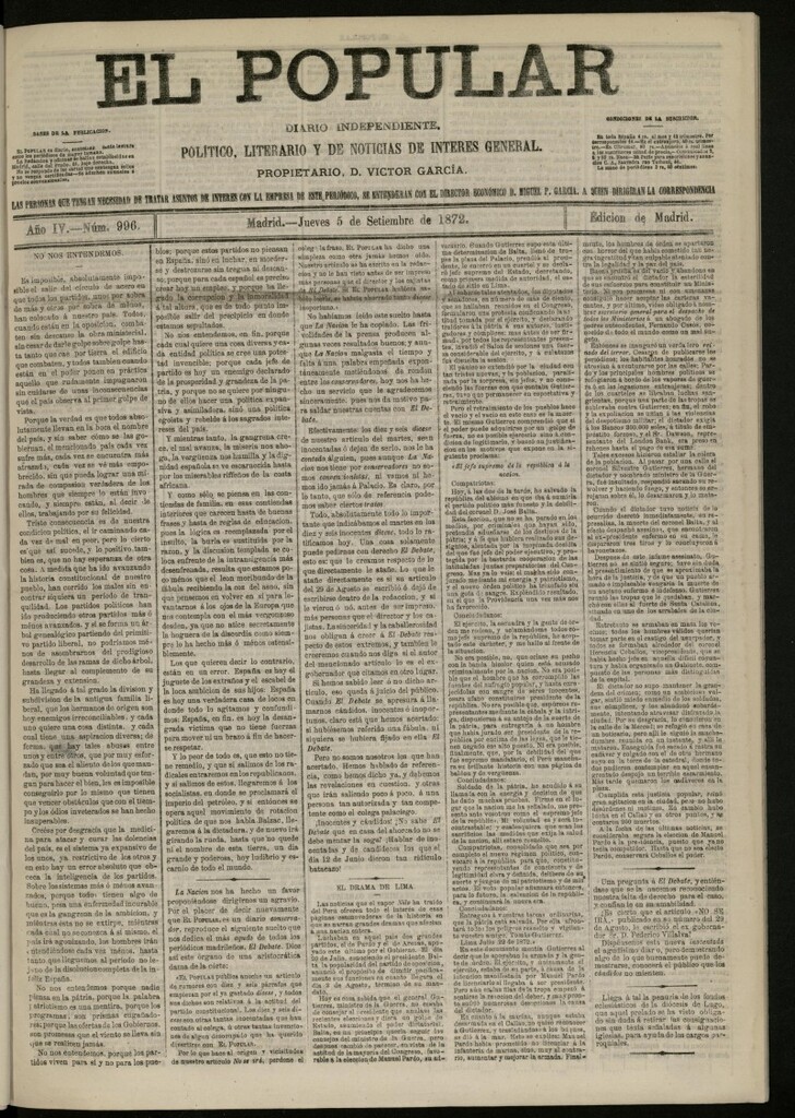 Miniatura de El Popular: diario independiente, político, literario y de noticias de interés general del 5 de septiembre de 1872, nº 996