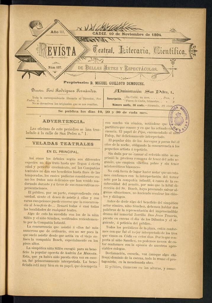 Miniatura de Revista Teatral, Literaria, Científica, de Bellas Artes y Espectáculos. Nº 107