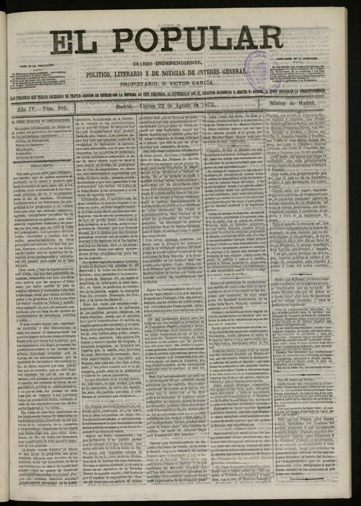 Miniatura de El Popular: diario independiente, político, literario y de noticias de interés general del 23 de agosto de 1872, nº 985