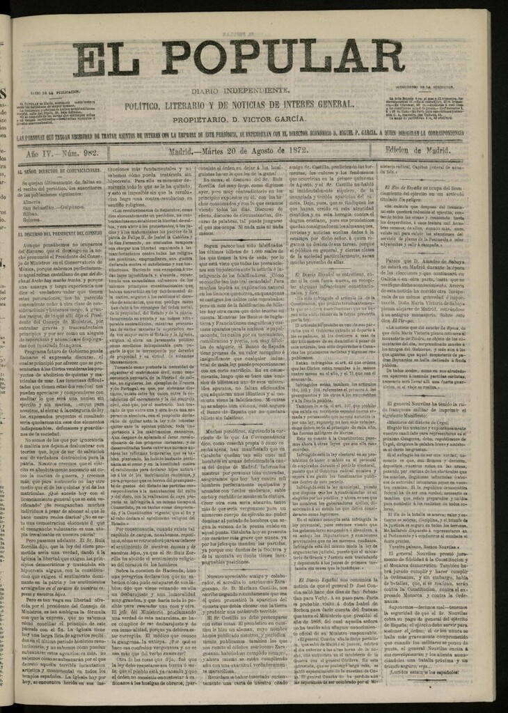 Miniatura de El Popular: diario independiente, político, literario y de noticias de interés general del 20 de agosto de 1872, nº 982
