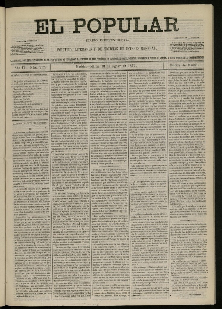 Miniatura de El Popular: diario independiente, político, literario y de noticias de interés general del 13 de agosto de 1872, nº 977