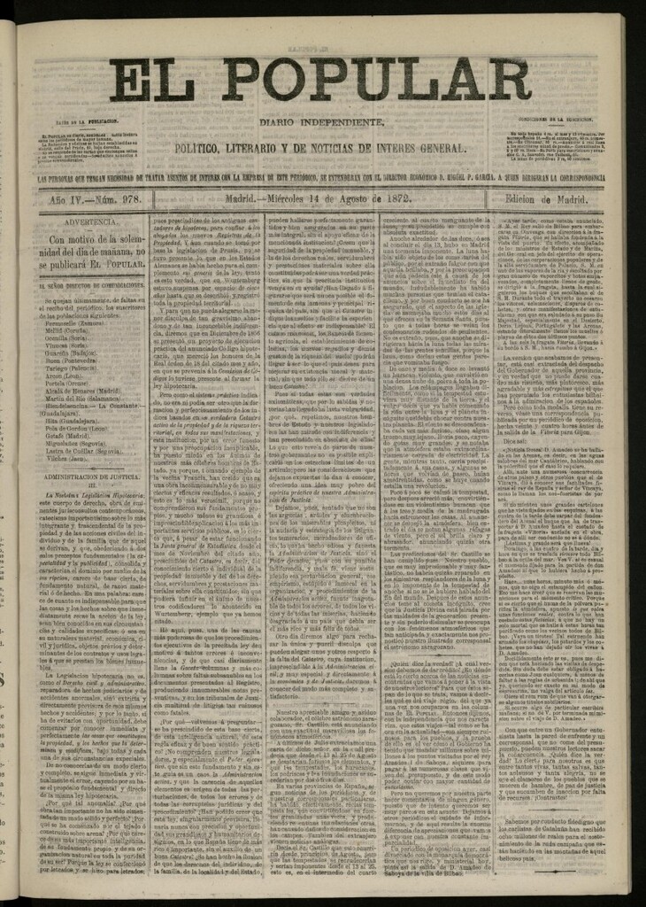 Miniatura de El Popular: diario independiente, político, literario y de noticias de interés general del 14 de agosto de 1872, nº 978