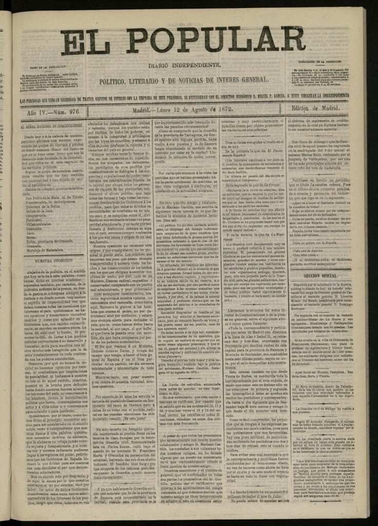Miniatura de El Popular: diario independiente, político, literario y de noticias de interés general del 12 de agosto de 1872, nº 976