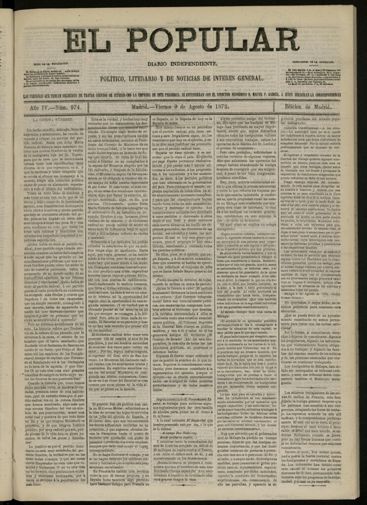 Miniatura de El Popular: diario independiente, político, literario y de noticias de interés general del 9 de agosto de 1872, nº 974