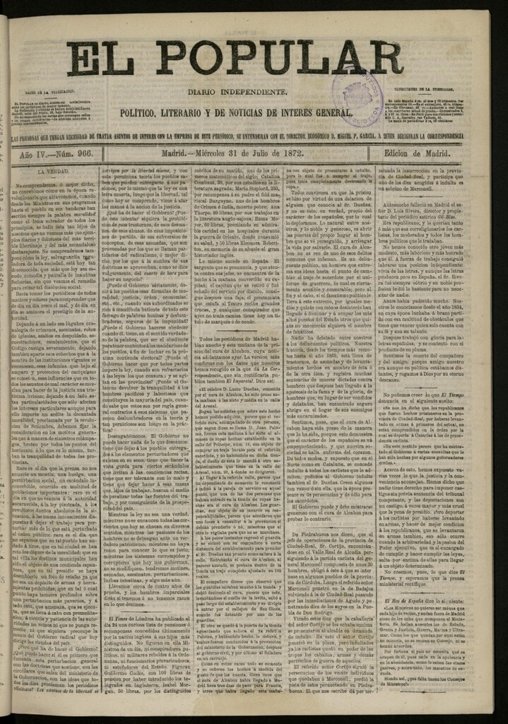 Miniatura de El Popular: diario independiente, político, literario y de noticias de interés general del 31 de julio de 1872, nº 966