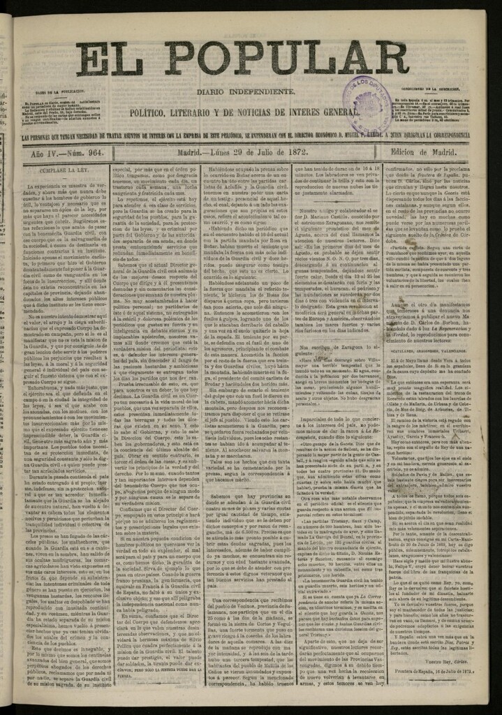Miniatura de El Popular: diario independiente, político, literario y de noticias de interés general del 29 de julio de 1872, nº 964
