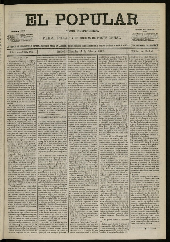 Miniatura de El Popular: diario independiente, político, literario y de noticias de interés general del 17 de julio de 1872, nº 955