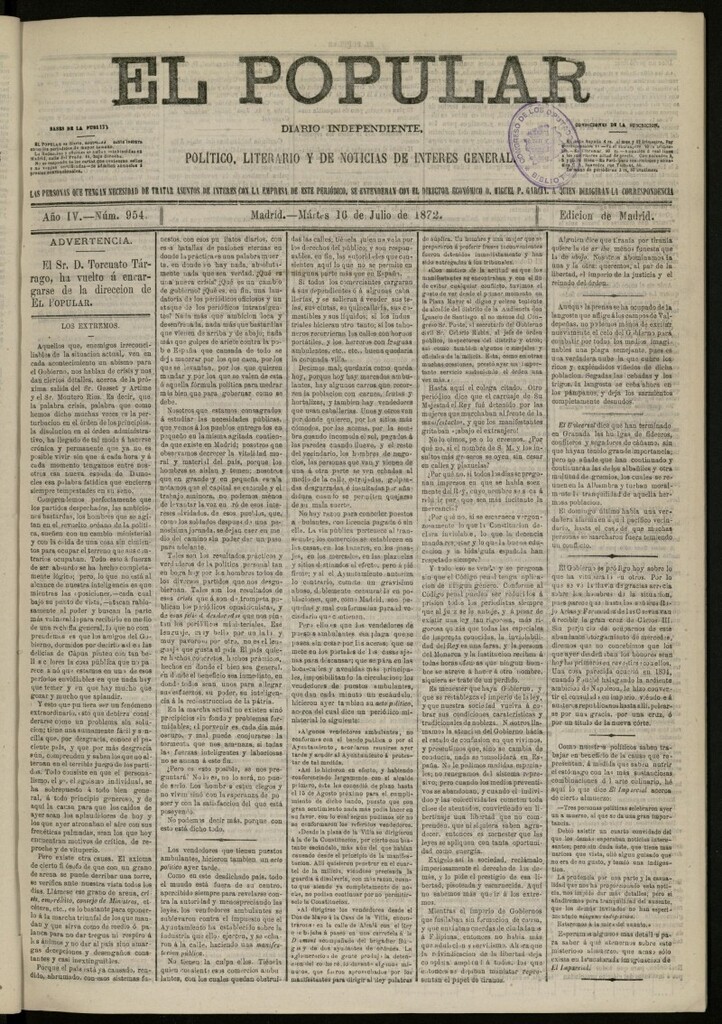 Miniatura de El Popular: diario independiente, político, literario y de noticias de interés general del 16 de julio de 1872, nº 954