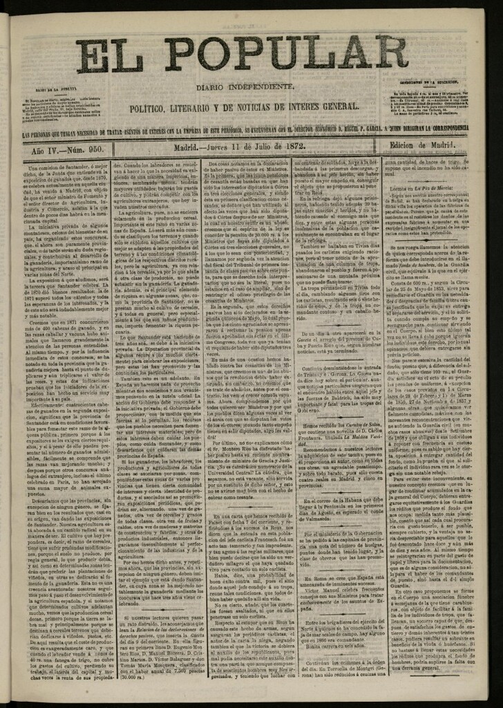 Miniatura de El Popular: diario independiente, político, literario y de noticias de interés general del 11 de julio de 1872, nº 950