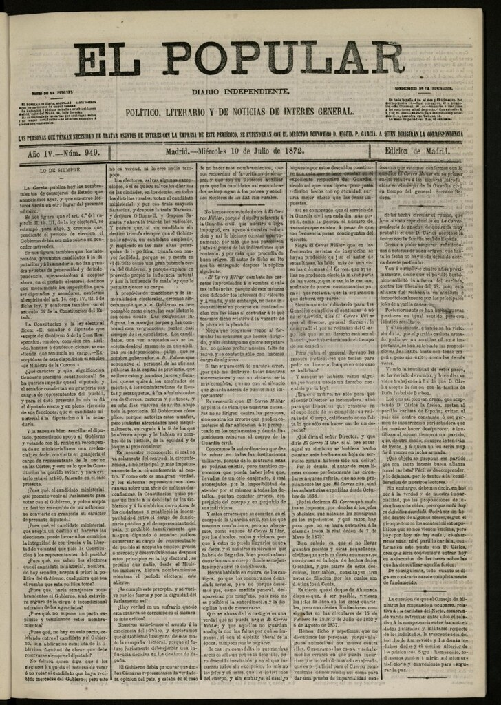 Miniatura de El Popular: diario independiente, político, literario y de noticias de interés general del 10 de julio de 1872, nº 949