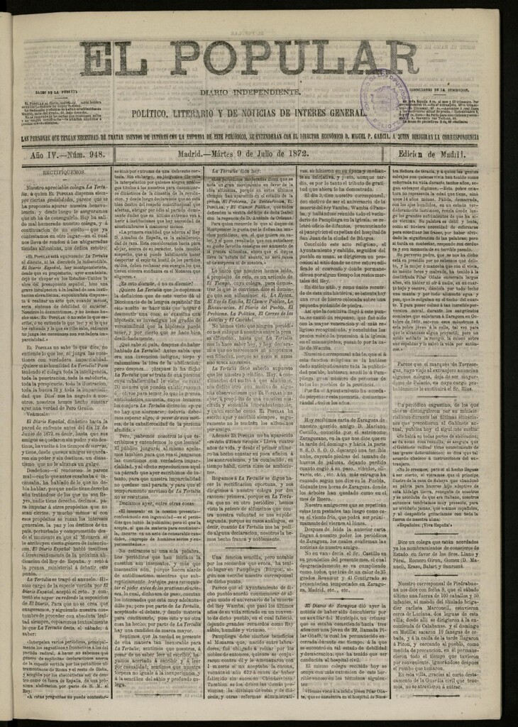 Miniatura de El Popular: diario independiente, político, literario y de noticias de interés general del 9 de julio de 1872, nº 948