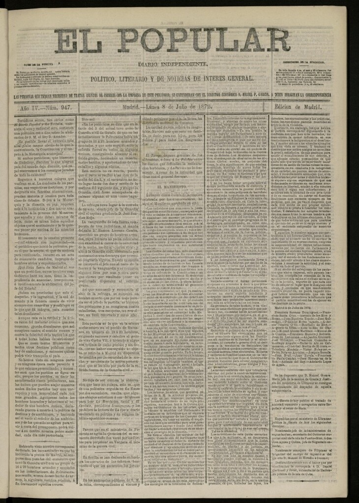 Miniatura de El Popular: diario independiente, político, literario y de noticias de interés general del 8 de julio de 1872, nº 947
