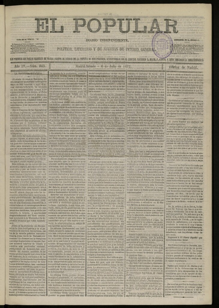 Miniatura de El Popular: diario independiente, político, literario y de noticias de interés general del 6 de julio de 1872, nº 946