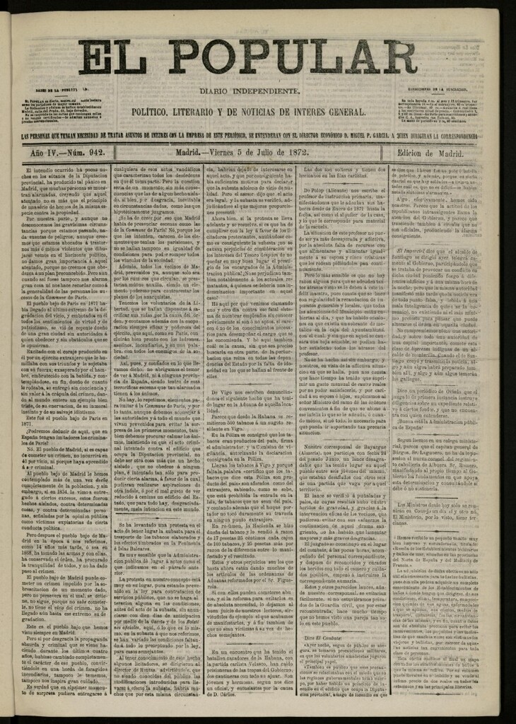 Miniatura de El Popular: diario independiente, político, literario y de noticias de interés general del 5 de julio de 1872, nº 945