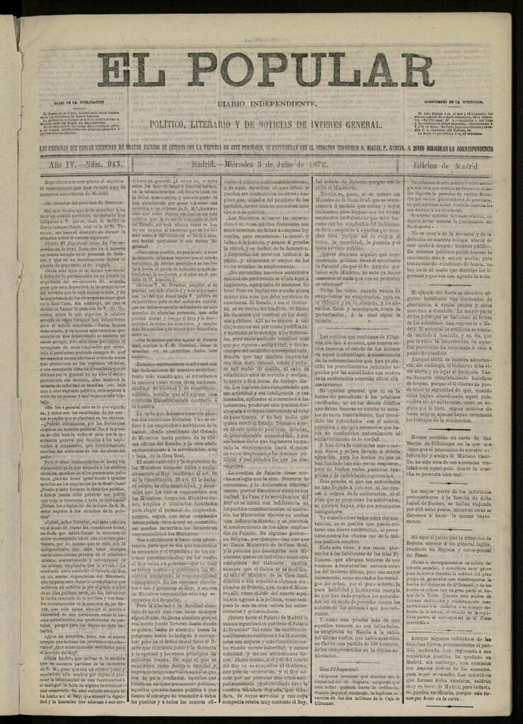 Miniatura de El Popular: diario independiente, político, literario y de noticias de interés general del 3 de julio de 1872, nº 943