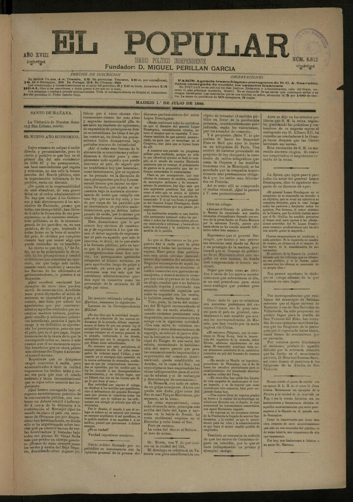 Miniatura de El Popular: diario independiente, político, literario y de noticias de interés general del 1 de julio de 1886, nº 6612