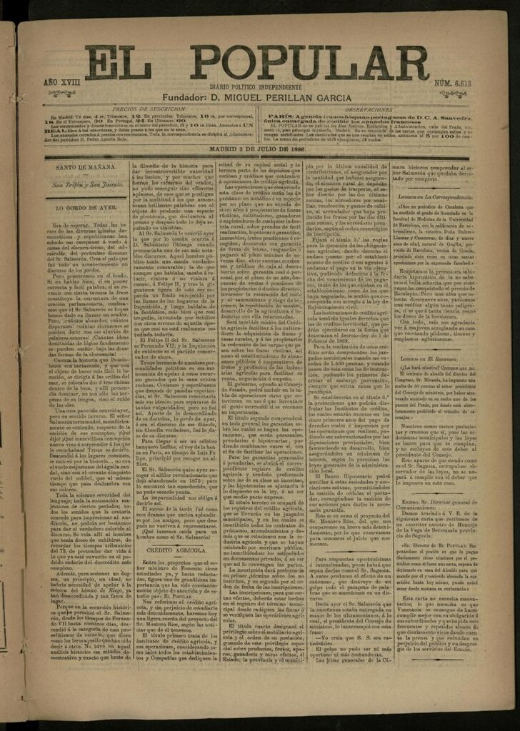 Miniatura de El Popular: diario independiente, político, literario y de noticias de interés general del 2 de julio de 1886, nº 6613