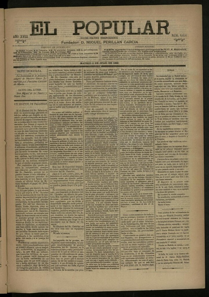 Miniatura de El Popular: diario independiente, político, literario y de noticias de interés general del 3 de julio de 1886, nº 6614