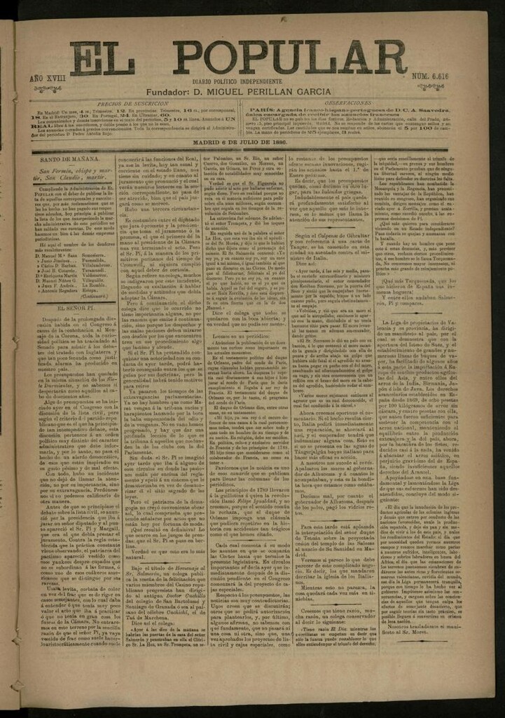 Miniatura de El Popular: diario independiente, político, literario y de noticias de interés general del 6 de julio de 1886, nº 6616