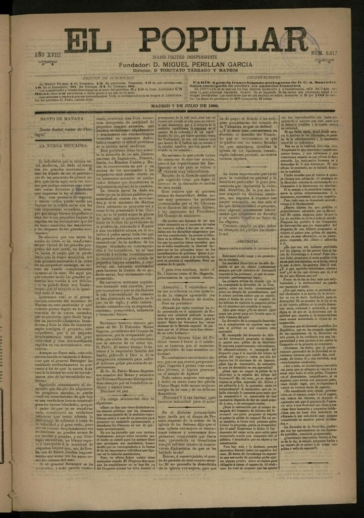 Miniatura de El Popular: diario independiente, político, literario y de noticias de interés general del 7 de julio de 1886, nº 6617