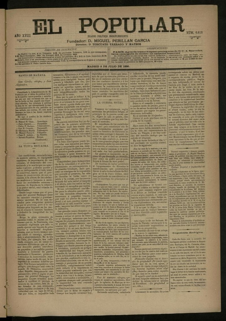 Miniatura de El Popular: diario independiente, político, literario y de noticias de interés general del 8 de julio de 1886, nº 6618