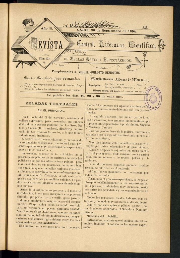 Miniatura de Revista Teatral, Literaria, Científica, de Bellas Artes y Espectáculos. Nº 103